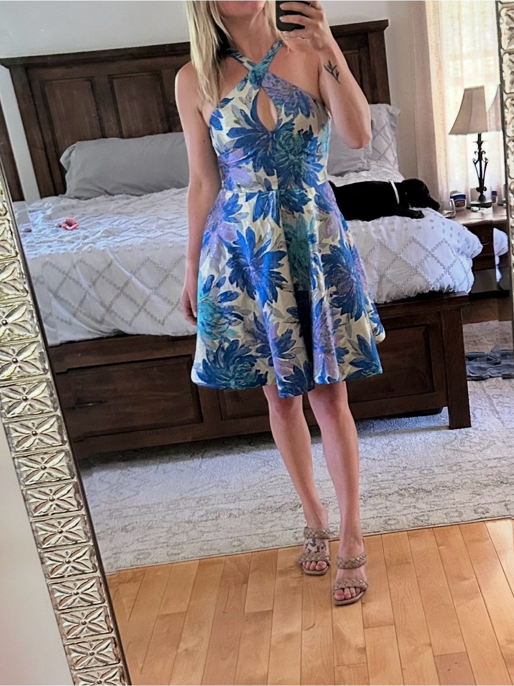 Badgley Mischka Metallic Floral Blue & Purple Halter Mini Dress